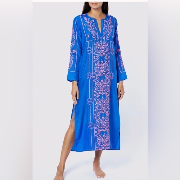 Juliet Dunn Blue Silk Maxi Kaftan with Contrast Embroidery NWT (not beach dress) - Picture 1 of 5